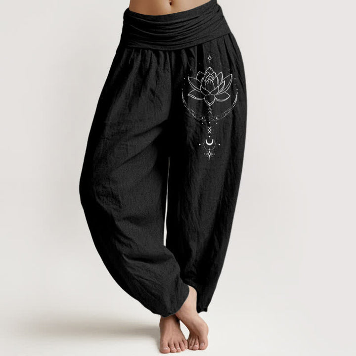 Buddha Stones Pantaloni harem da donna in puro cotone con motivo a loto e mezzaluna, elastico in vita. - Nero - US16, UK/AU20, EU48 (3XL) - image 0