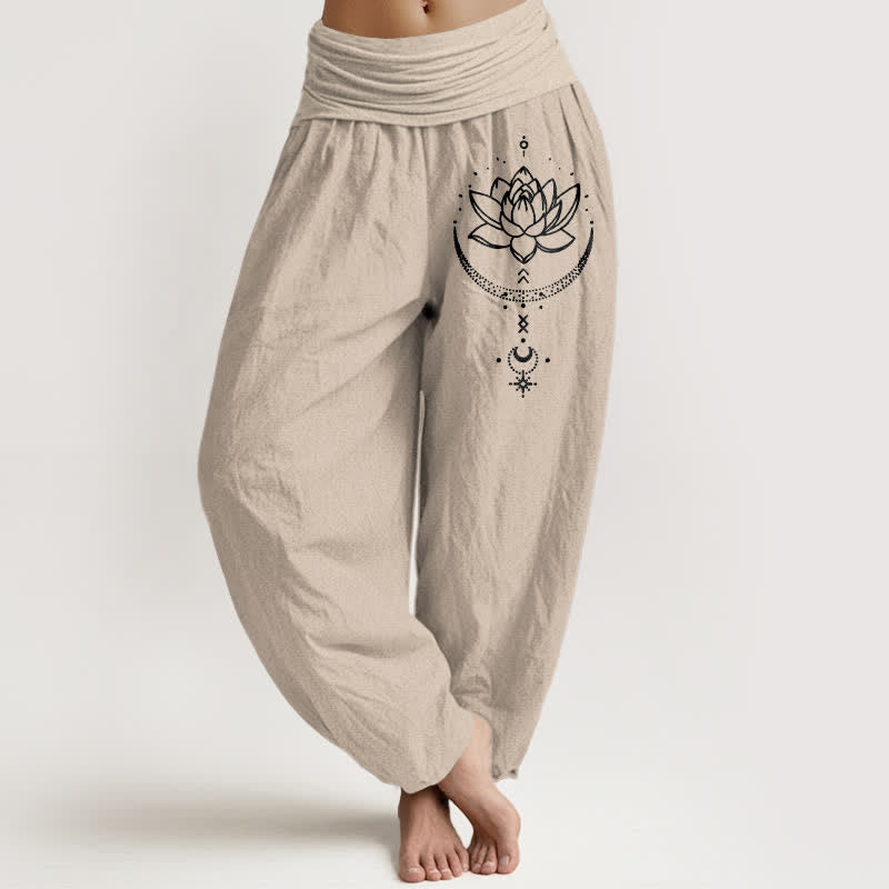 Buddha Stones Pantaloni harem da donna in puro cotone con motivo a loto e mezzaluna, elastico in vita. - Tan - US16, UK/AU20, EU48 (3XL) - image 11