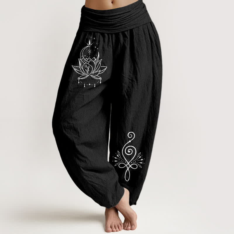 Buddha Stones Pantaloni harem da donna in puro cotone con motivo loto e luna, elastico in vita. - Nero - US16, UK/AU20, EU48 (3XL) - image 5