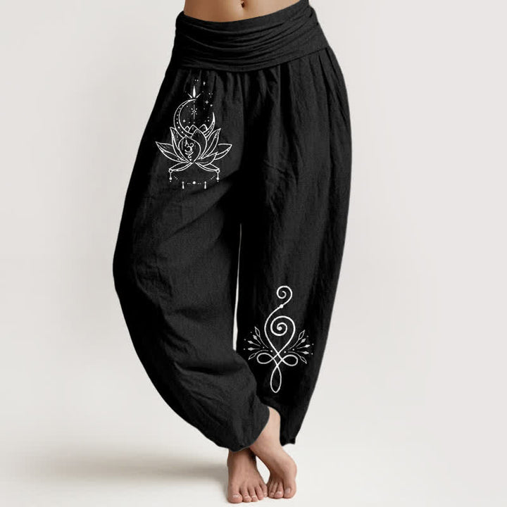 Buddha Stones Pantaloni harem da donna in puro cotone con motivo loto e luna, elastico in vita. - Nero - US16, UK/AU20, EU48 (3XL) - image 5