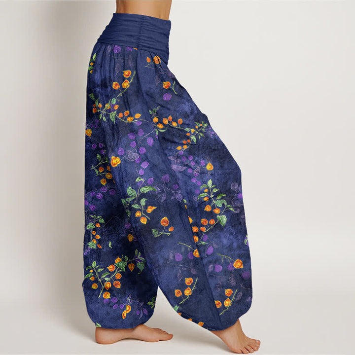 Buddha Stones Pantaloni harem da donna in cotone con motivo a vite di fiori d'arancio e elastico in vita. - image 1