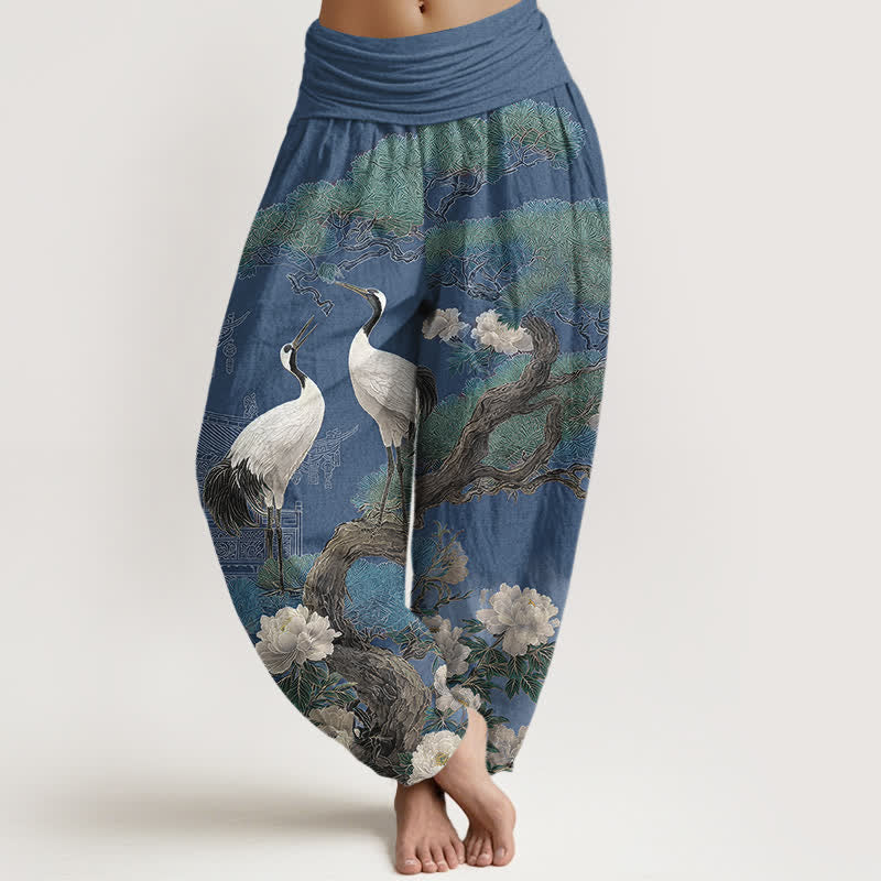 Buddha Stones Pantaloni harem da donna in cotone con motivo a fiori di gru e vita elasticizzata - SteelBlue - US16, UK/AU20, EU48 (3XL) - image 0