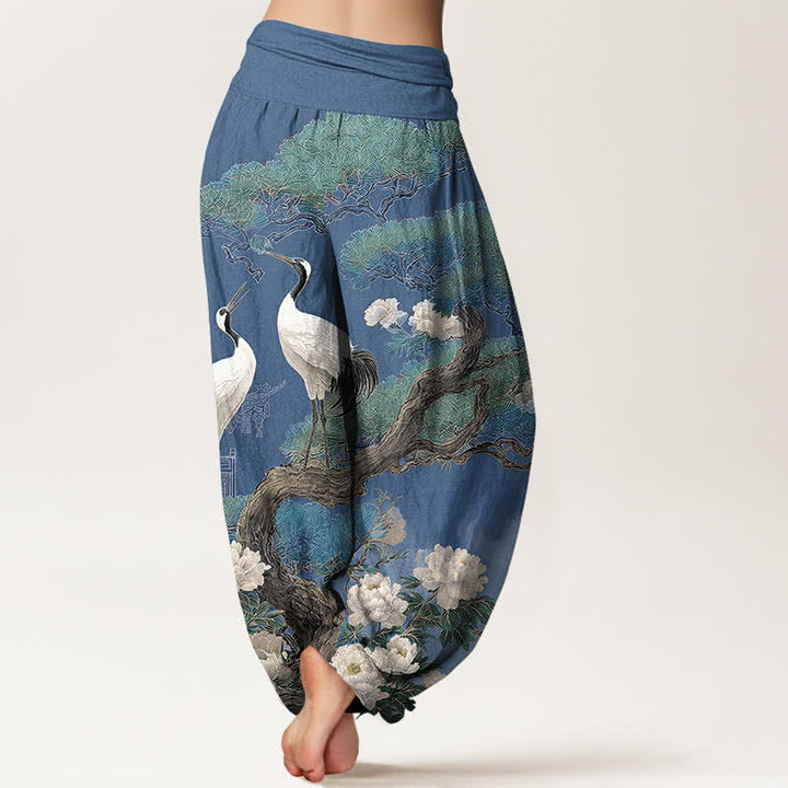 Buddha Stones Pantaloni harem da donna in cotone con motivo a fiori di gru e vita elasticizzata - image 2