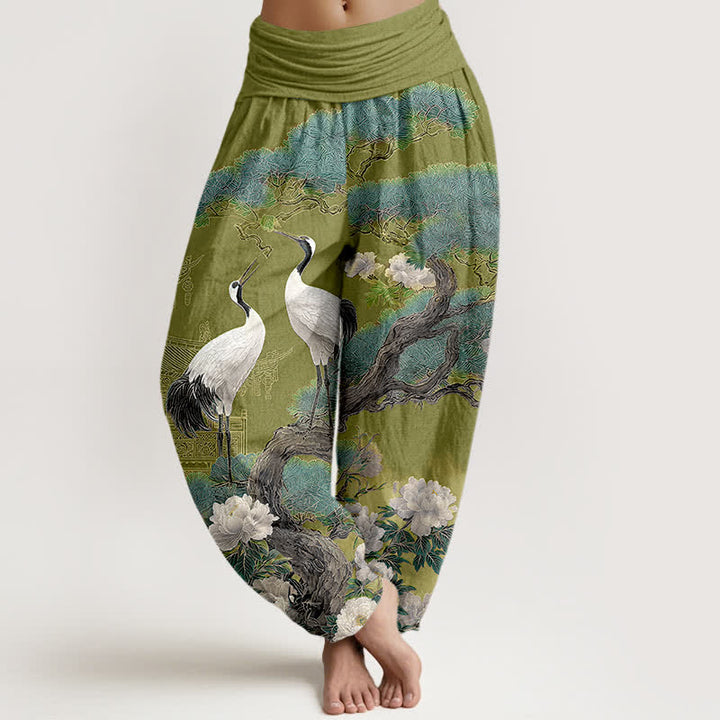 Buddha Stones Pantaloni harem da donna in cotone con motivo a fiori di gru e vita elasticizzata - Verde oliva - US16, UK/AU20, EU48 (3XL) - image 5