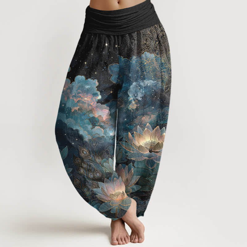 Buddha Stones Pantaloni harem da donna in cotone con motivo cielo notturno e loto, con elastico in vita. - Nero - US16, UK/AU20, EU48 (3XL) - image 8