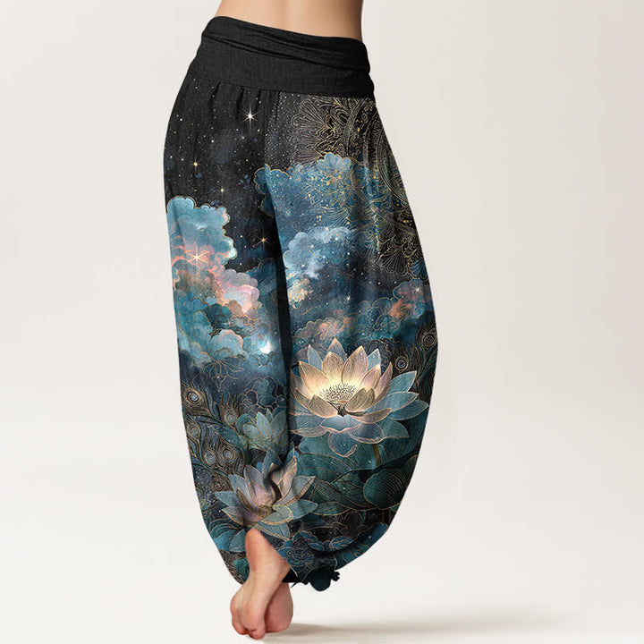 Buddha Stones Pantaloni harem da donna in cotone con motivo cielo notturno e loto, con elastico in vita. - image 10