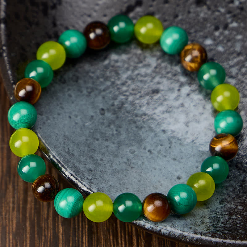 Buddha Stones Braccialetto del coraggio con occhio di tigre, malachite, giada ciano e agata verde. - image 1