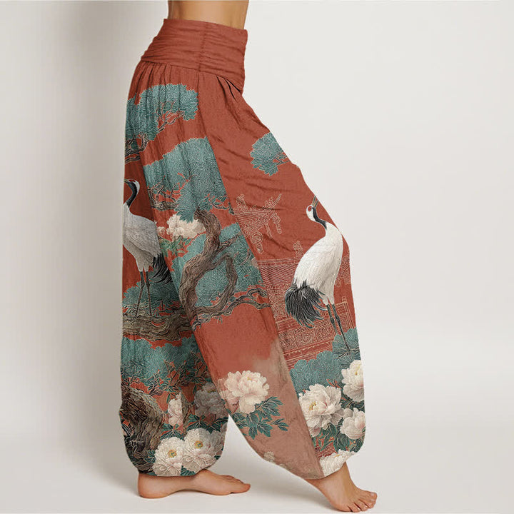 Buddha Stones Pantaloni harem da donna in cotone con motivo a fiori di gru e vita elasticizzata - image 9