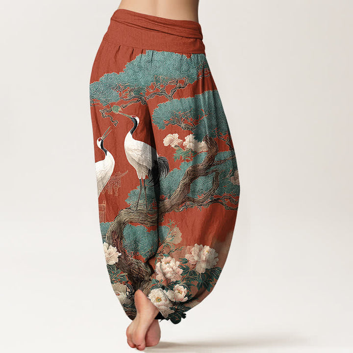 Buddha Stones Pantaloni harem da donna in cotone con motivo a fiori di gru e vita elasticizzata - image 10