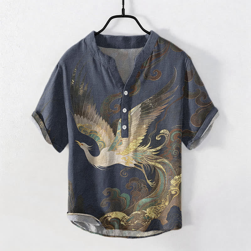 Buddha Stones Camicia da uomo a maniche corte con mezzo bottone, in cotone, con motivo a onde e gru dorate. - Marina - US/UK/AU50, EU60 (5XL) - image 0