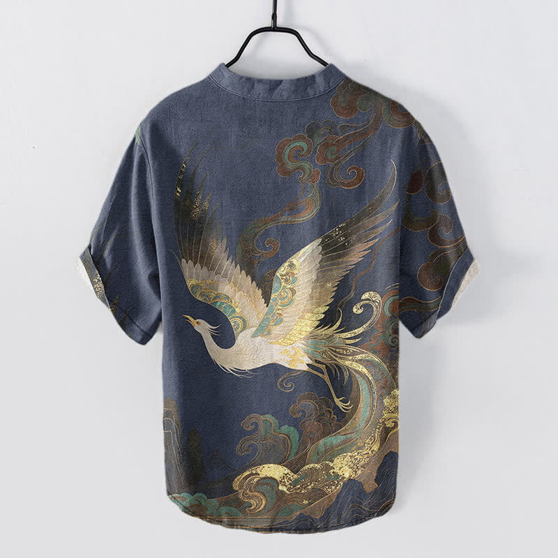 Buddha Stones Camicia da uomo a maniche corte con mezzo bottone, in cotone, con motivo a onde e gru dorate. - image 1