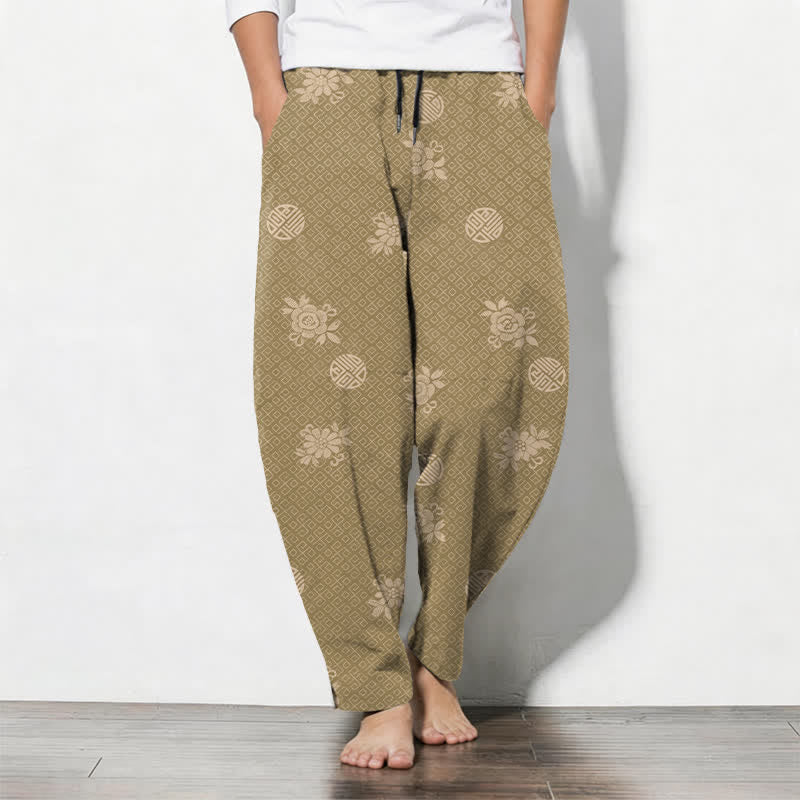 Buddha Stones Pantaloni da uomo affusolati in puro cotone con motivo a medaglione floreale e coulisse, con tasche. - Tan - US/UK/AU50, EU60 (5XL) - image 0