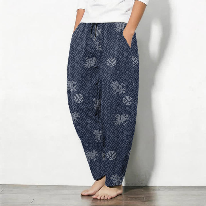 Buddha Stones Pantaloni da uomo affusolati in puro cotone con motivo a medaglione floreale e coulisse, con tasche. - image 8