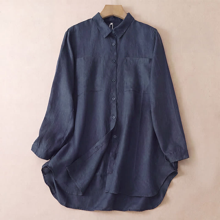 Buddha Stones Camicia da donna a maniche lunghe, tinta unita, casual, minimalista, con bottoni e tasche applicate, ideale per primavera e autunno. - Blu mezzanotte - US8-10, UK/AU12-14, EU40-42 (2XL) - image 9