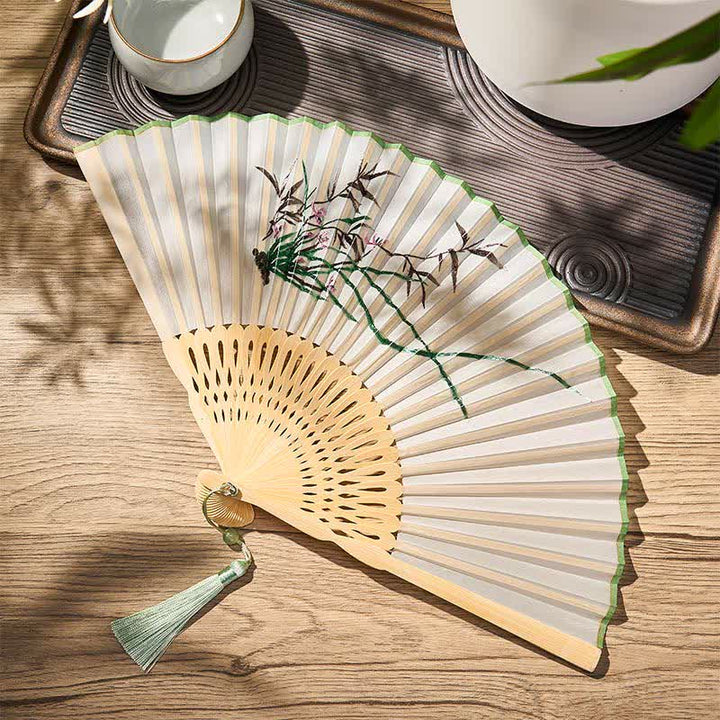 Buddha Stones Vintage Bamboo Orchid Willows Swallows Floral Pattern Growth Nassel Bamboo Folding Fan - image 16