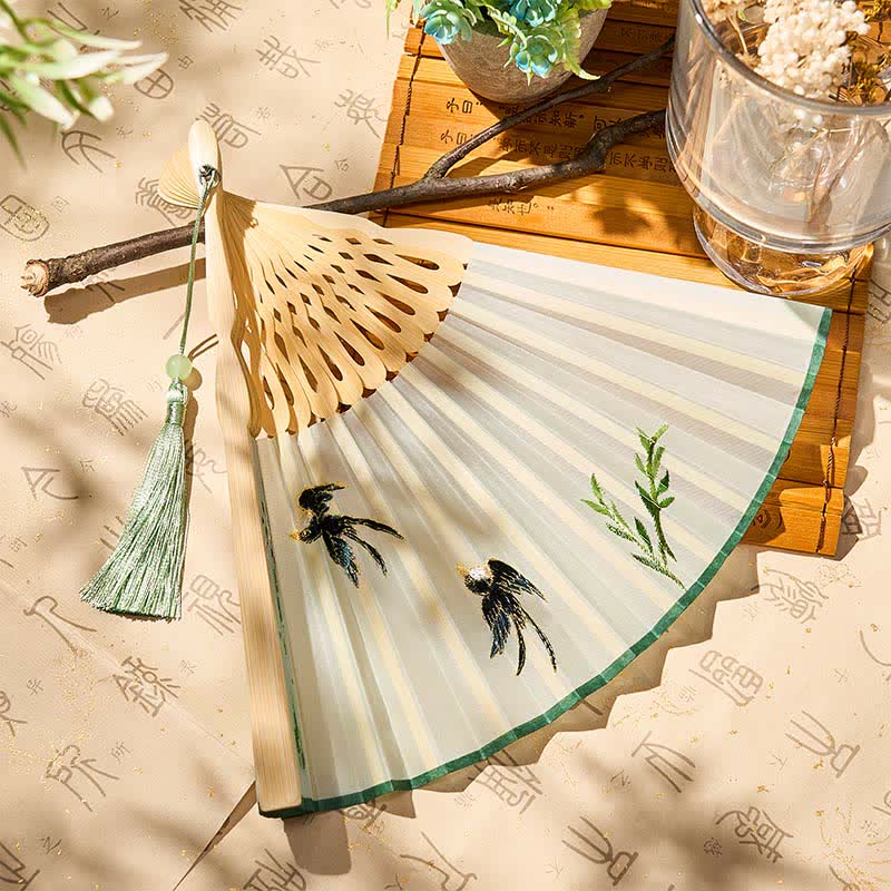Buddha Stones Vintage Bamboo Orchid Willows Swallows Floral Pattern Growth Nassel Bamboo Folding Fan - image 3