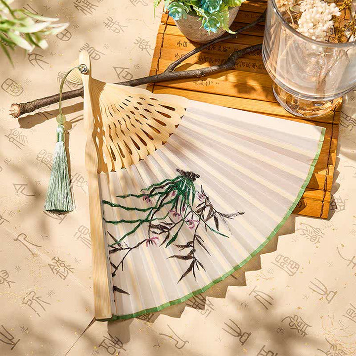Buddha Stones Vintage Bamboo Orchid Willows Swallows Floral Pattern Growth Nassel Bamboo Folding Fan - image 15