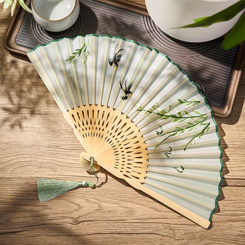 Buddha Stones Vintage Bamboo Orchid Willows Swallows Floral Pattern Growth Nassel Bamboo Folding Fan - image 4