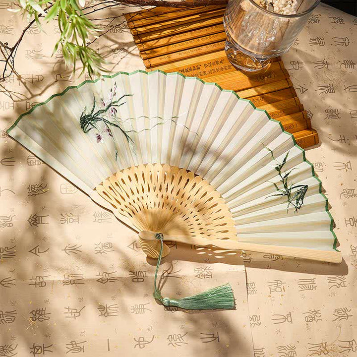 Buddha Stones Vintage Bamboo Orchid Willows Swallows Floral Pattern Growth Nassel Bamboo Folding Fan - Orchidea di bambù (dimensioni da chiusa: circa 21 cm / 8,3 pollici) - image 6