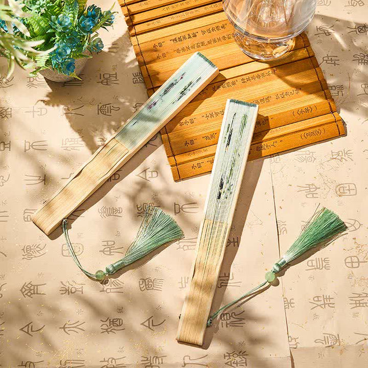 Buddha Stones Vintage Bamboo Orchid Willows Swallows Floral Pattern Growth Nassel Bamboo Folding Fan - image 18