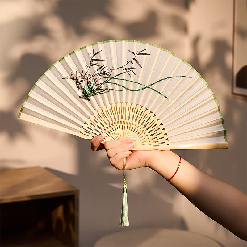 Buddha Stones Vintage Bamboo Orchid Willows Swallows Floral Pattern Growth Nassel Bamboo Folding Fan - image 13