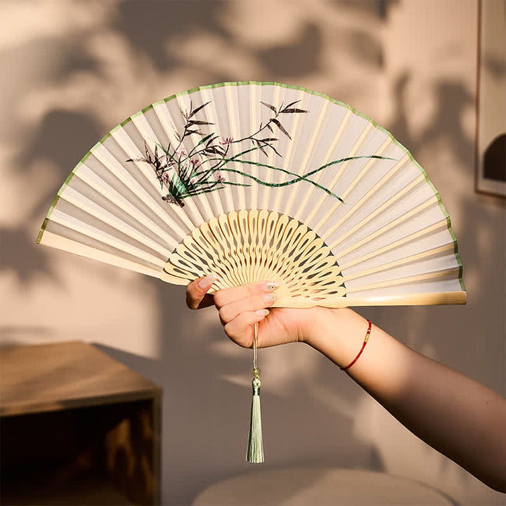 Buddha Stones Vintage Bamboo Orchid Willows Swallows Floral Pattern Growth Nassel Bamboo Folding Fan - image 13