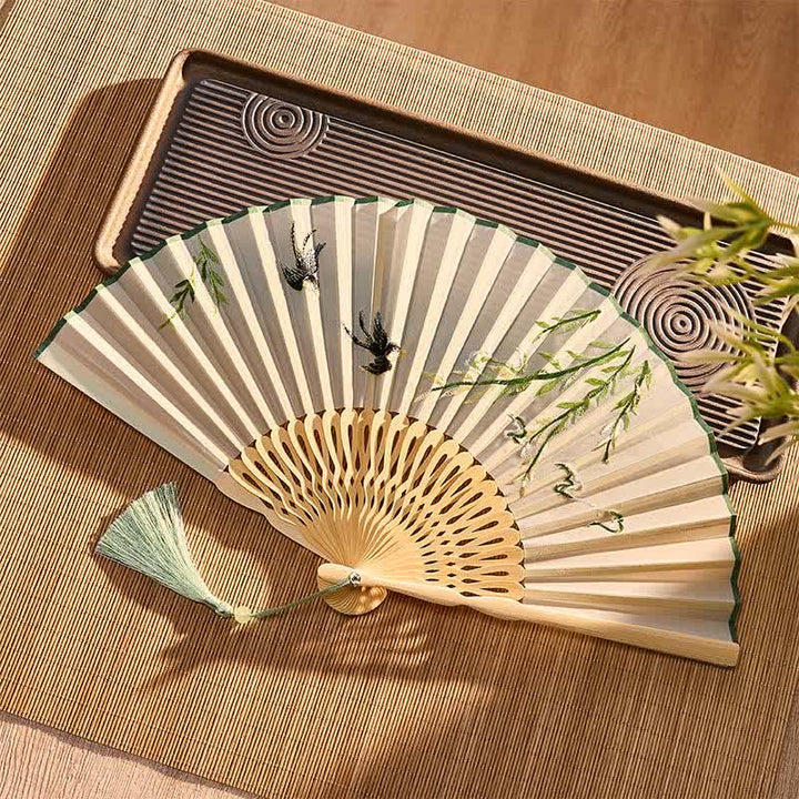 Buddha Stones Vintage Bamboo Orchid Willows Swallows Floral Pattern Growth Nassel Bamboo Folding Fan - image 5