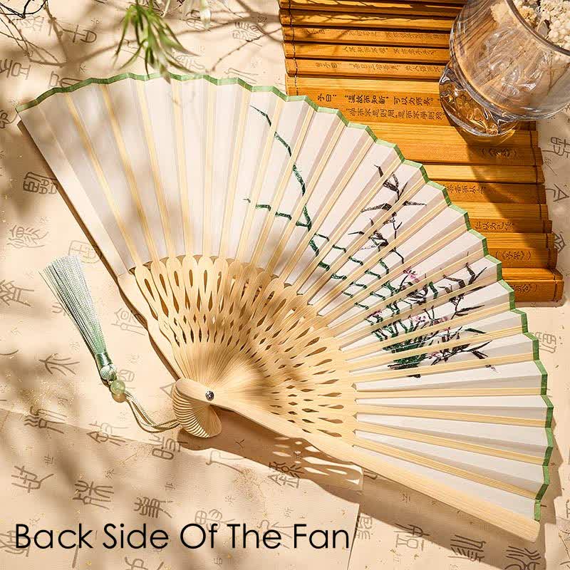 Buddha Stones Vintage Bamboo Orchid Willows Swallows Floral Pattern Growth Nassel Bamboo Folding Fan - image 14