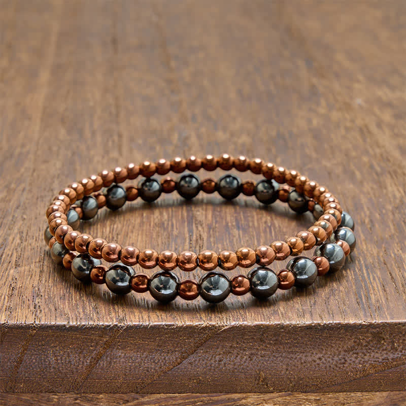 Buddha Stones Set di 2 braccialetti minimalisti rotondi in ematite per la messa a terra. - Set da 2 pezzi (circonferenza del polso: 5,5–5,9 pollici/14–15 cm) - image 0