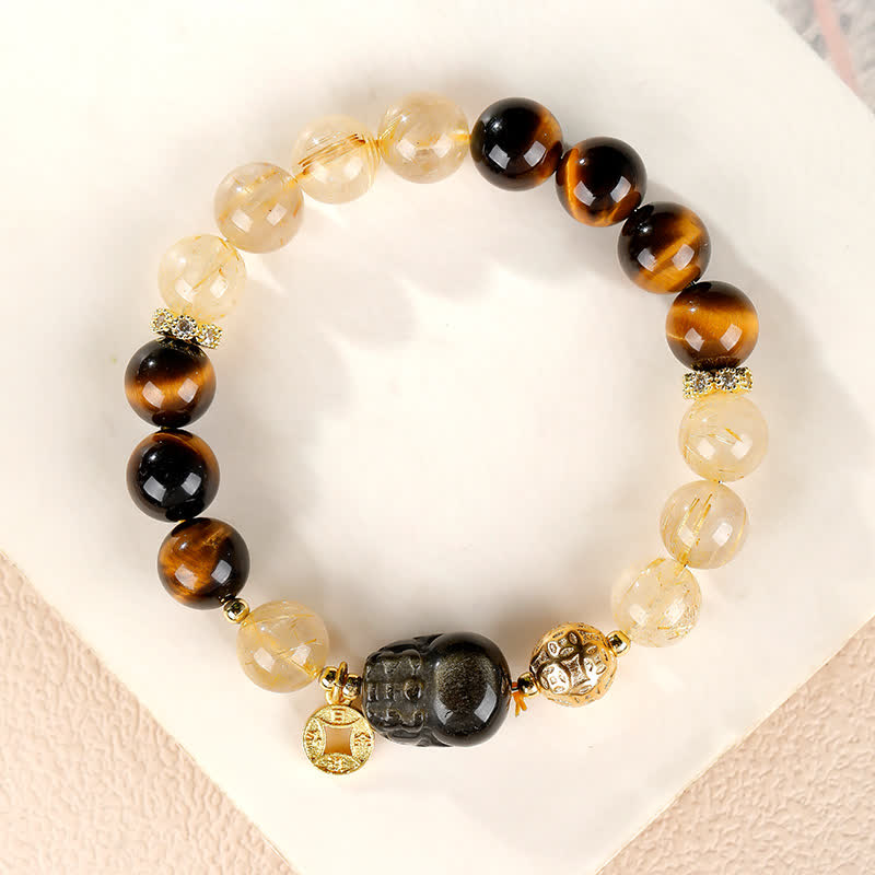 Buddha Stones Braccialetto portafortuna con perline di quarzo rutilato dorato e occhio di tigre Pi Xiu del Feng Shui. - Braccialetto Pi Xiu Occhio di Tigre - 8 mm (Circonferenza del polso: 5,9-6,3 pollici/15-16 cm) - image 0