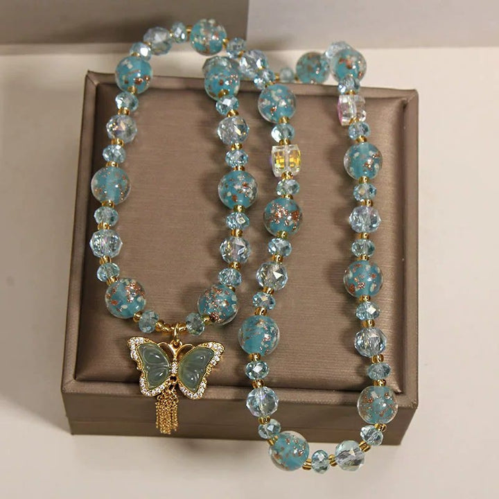 Buddha Stones Bracciale a triplo giro con perline Blue Liuli Glaas e motivo farfalla. - image 3