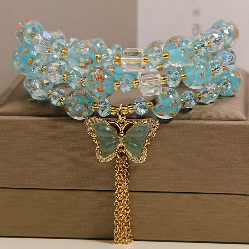 Buddha Stones Bracciale a triplo giro con perline Blue Liuli Glaas e motivo farfalla. - image 8
