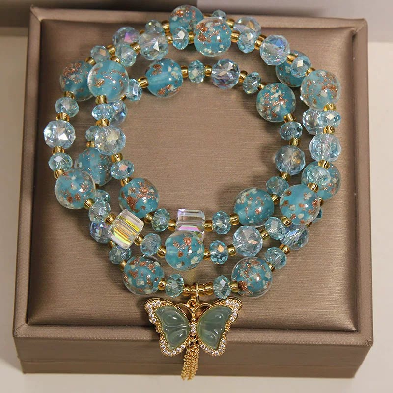 Buddha Stones Bracciale a triplo giro con perline Blue Liuli Glaas e motivo farfalla. - image 1