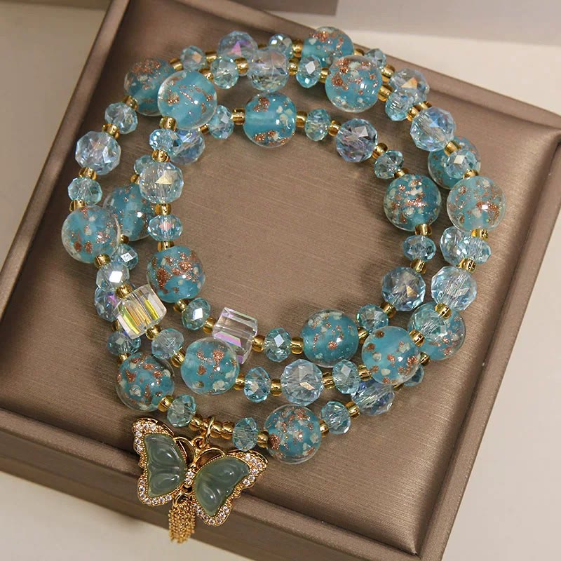 Buddha Stones Bracciale a triplo giro con perline Blue Liuli Glaas e motivo farfalla. - image 4