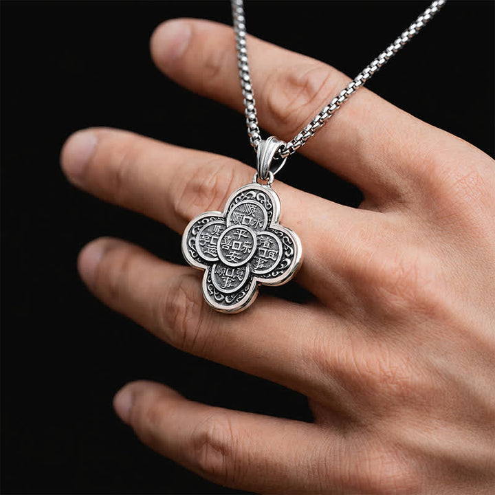 Buddha Stones Collana portafortuna vintage in rame con cinque monete imperiali e design a trifoglio. - image 2