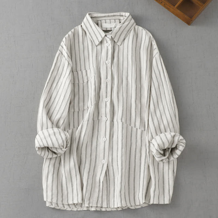 Buddha Stones Camicia da donna a maniche lunghe a righe, stile vintage, con bottoni, ideale per primavera e autunno, con taschino applicato. - Biancheria - US8-10, UK/AU12-14, EU40-42 (2XL) - image 4