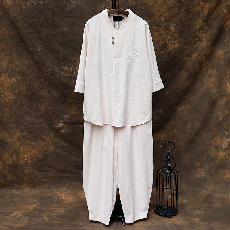 Buddha Stones Completo primavera/estate in stile Tang con camicia e pantaloni con colletto alla coreana, ricami, in cotone tinta unita, ideale per la meditazione, con tasche. - Beige - US/UK/AU46, EU56 (5XL) - image 0