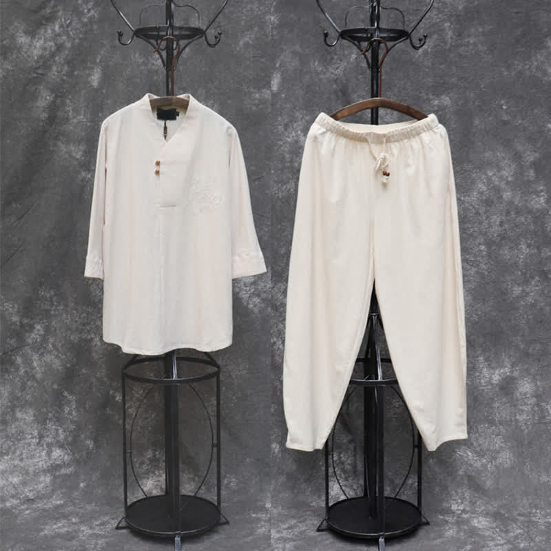 Buddha Stones Completo primavera/estate in stile Tang con camicia e pantaloni con colletto alla coreana, ricami, in cotone tinta unita, ideale per la meditazione, con tasche. - image 1