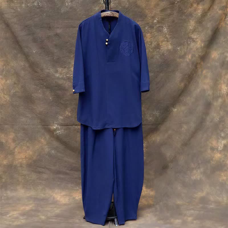 Buddha Stones Completo primavera/estate in stile Tang con camicia e pantaloni con colletto alla coreana, ricami, in cotone tinta unita, ideale per la meditazione, con tasche. - Blu reale - US/UK/AU46, EU56 (5XL) - image 18