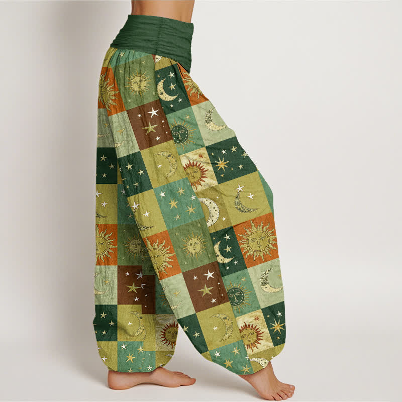 Buddha Stones Pantaloni harem da donna in cotone con motivo patchwork sole e luna e vita elasticizzata - image 9