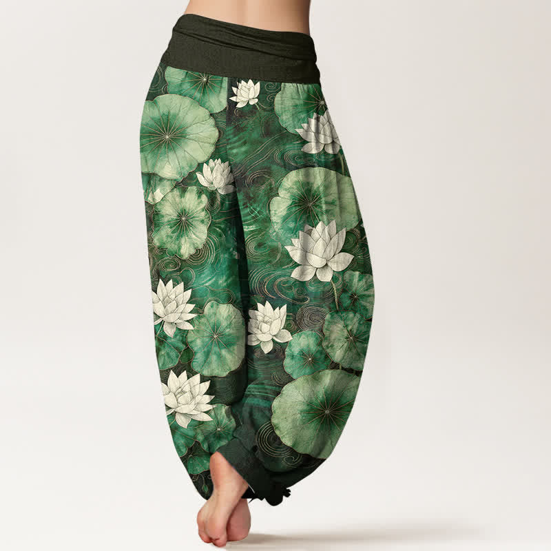 Buddha Stones Pantaloni harem da donna in cotone con motivo a laghetto di loto e vita elasticizzata - image 2
