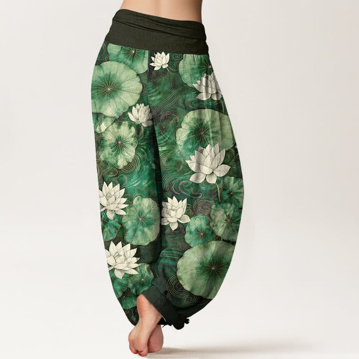 Buddha Stones Pantaloni harem da donna in cotone con motivo a laghetto di loto e vita elasticizzata - image 2