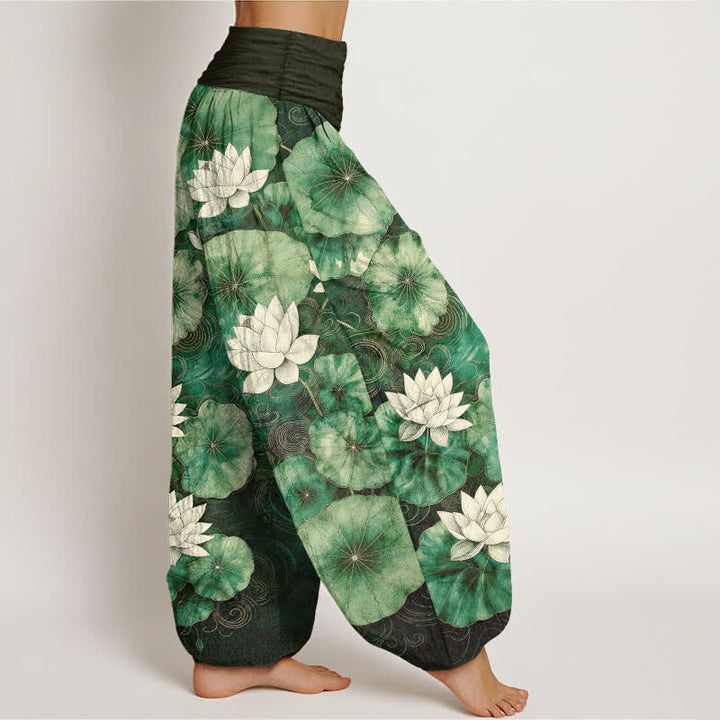 Buddha Stones Pantaloni harem da donna in cotone con motivo a laghetto di loto e vita elasticizzata - image 1