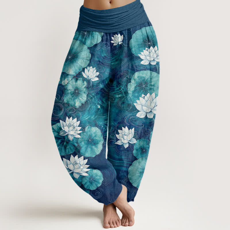 Buddha Stones Pantaloni harem da donna in cotone con motivo a laghetto di loto e vita elasticizzata - Verde acqua - US16, UK/AU20, EU48 (3XL) - image 5