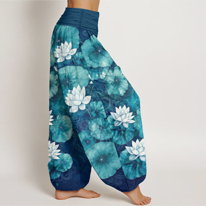 Buddha Stones Pantaloni harem da donna in cotone con motivo a laghetto di loto e vita elasticizzata - image 6