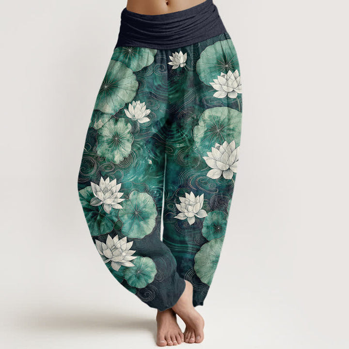 Buddha Stones Pantaloni harem da donna in cotone con motivo a laghetto di loto e vita elasticizzata - Marina - US16, UK/AU20, EU48 (3XL) - image 8