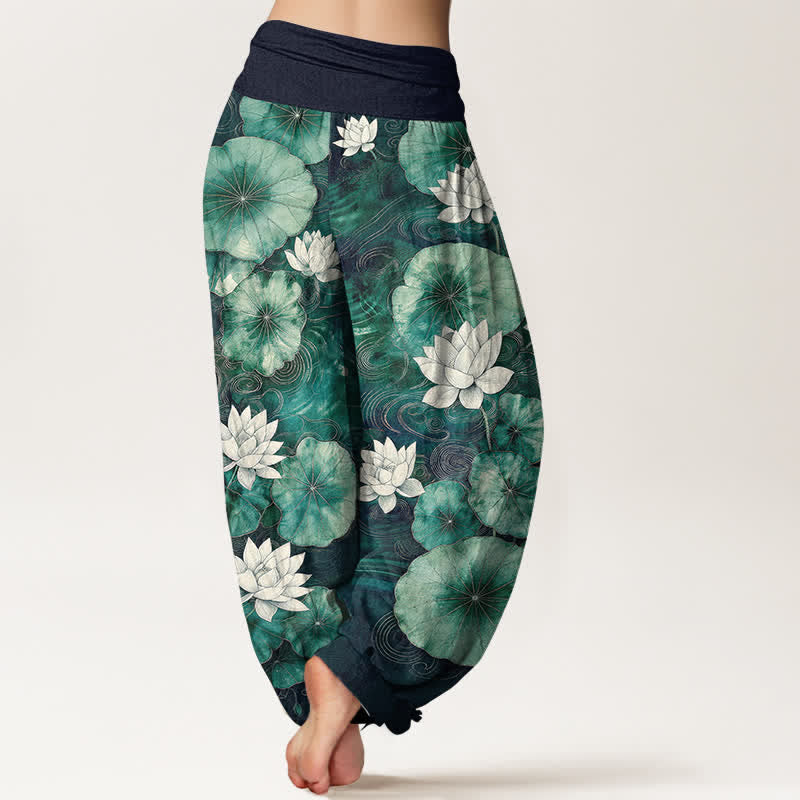 Buddha Stones Pantaloni harem da donna in cotone con motivo a laghetto di loto e vita elasticizzata - image 10