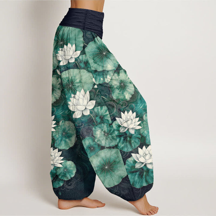 Buddha Stones Pantaloni harem da donna in cotone con motivo a laghetto di loto e vita elasticizzata - image 9