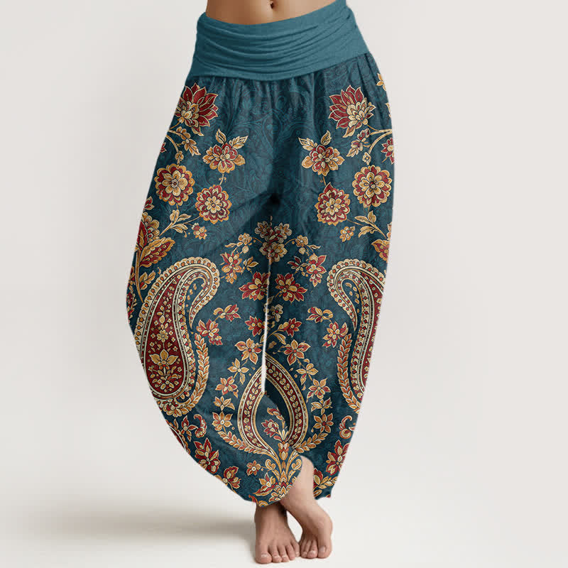 Buddha Stones Pantaloni harem da donna in cotone con fantasia floreale paisley e elastico in vita. - Verde acqua - US16, UK/AU20, EU48 (3XL) - image 0