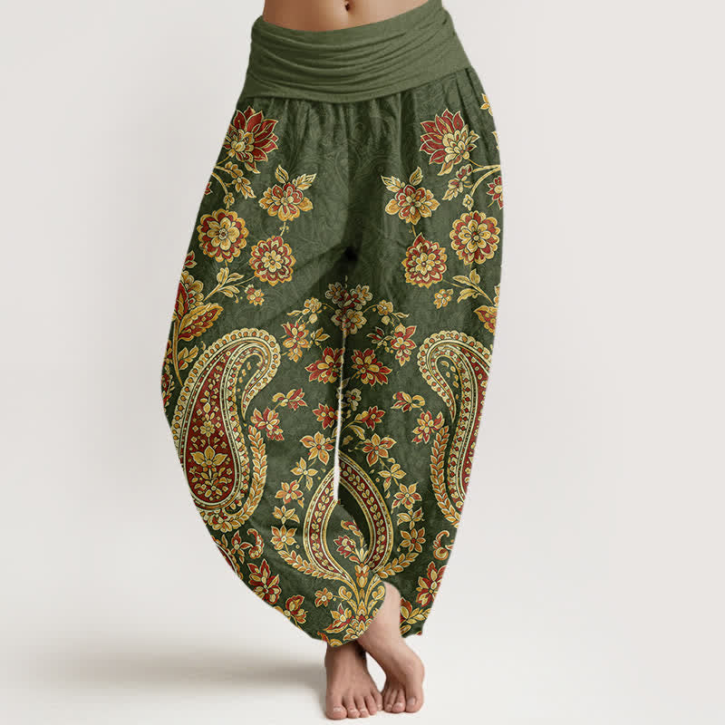 Buddha Stones Pantaloni harem da donna in cotone con fantasia floreale paisley e elastico in vita. - Verde oliva scuro - US16, UK/AU20, EU48 (3XL) - image 5